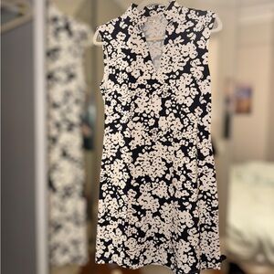 Floral Sleeveless Dress - Navy and White